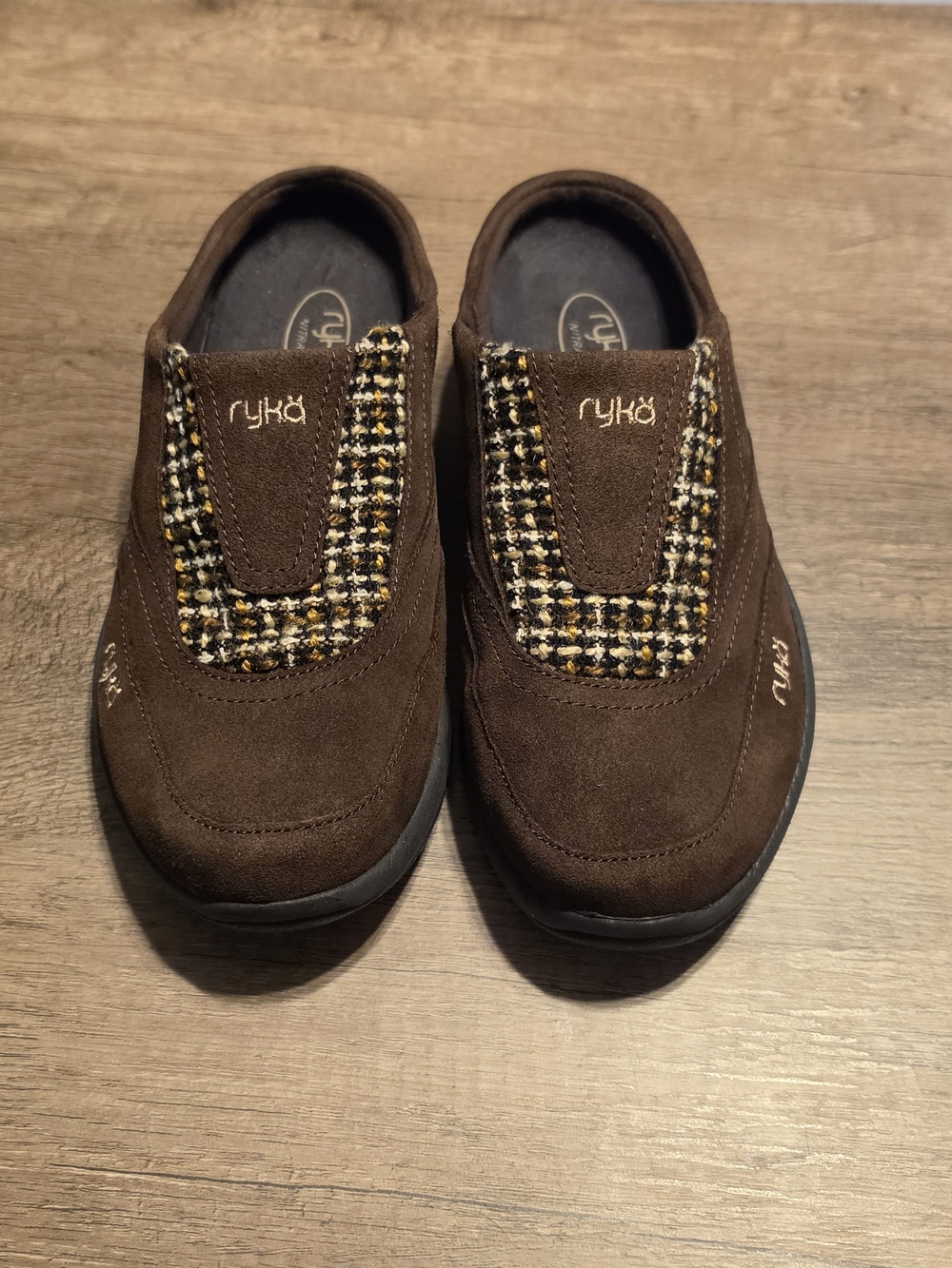 Ryka Brown Slip-On Mules with Tweed Accent